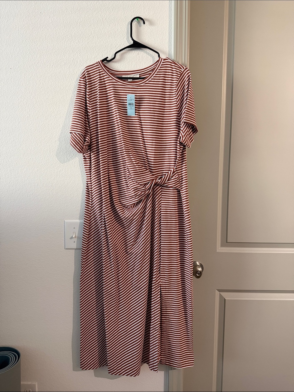 LOFT Rust and White Striped Knot-Front Midi Dress
